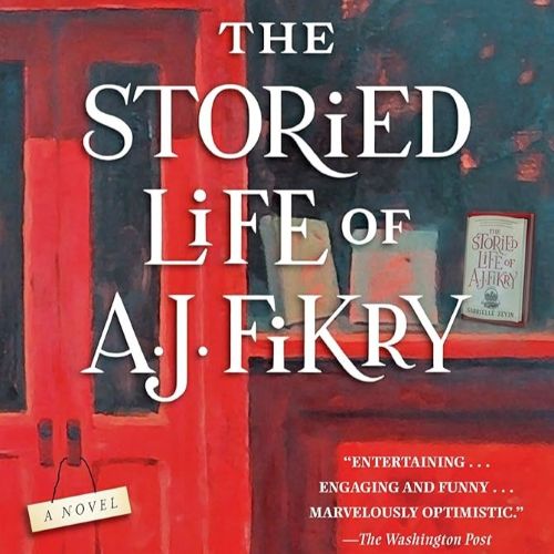 Book title, "The Storied Life of A.J. Fikry", superimposed over painting of a bookstore window.