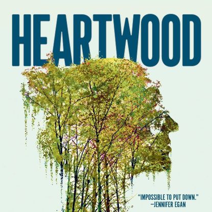 Book tile "Heartwood" above image of trees in shape of a woman's facial profile