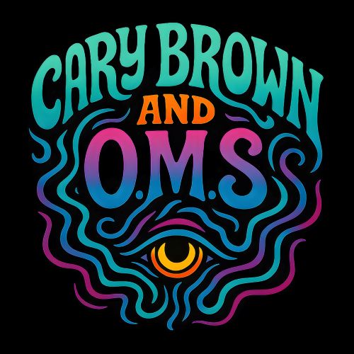 Psychedelic logo featuring squiggly brightly colored lines and the name Cary Brown and O.M.S