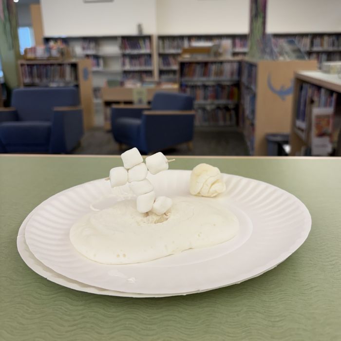 martian figure made from mini marshmallows and toothpicks