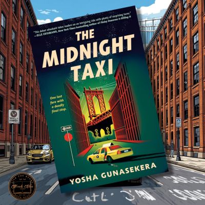 book cover with illustration of city street with bridge in background beneath title The Midnight Taxi