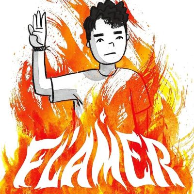 book cover with words Flamer below drawing of a boy being engulfed by flames