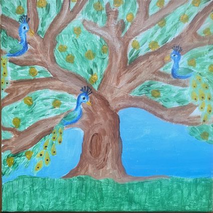 Painting of tree with peacocks hiding in branches