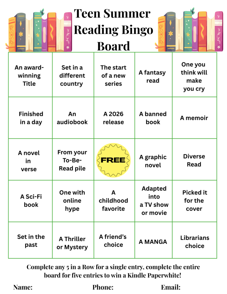 Teen Summer Reading Bingo Board