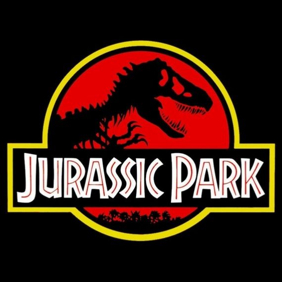 Jurassic Park film poster featuring a graphic of a dinosaur skeleton