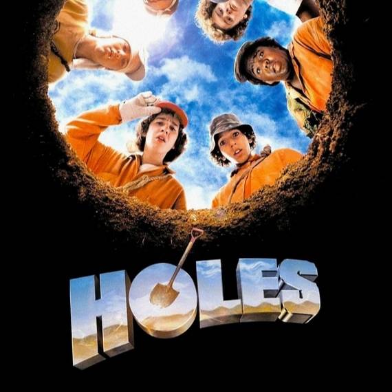 Holes movie poster featuring a group of kids in orange jumpsuits looking down a hole