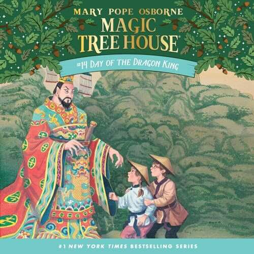 Book cover for the Magic Tree House Day of the Dragon King featuring a Chinese emperor talking to two children.