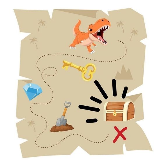 Clip art of a treasure map with a dinosaur, key, diamond, shovel and treasure chest.