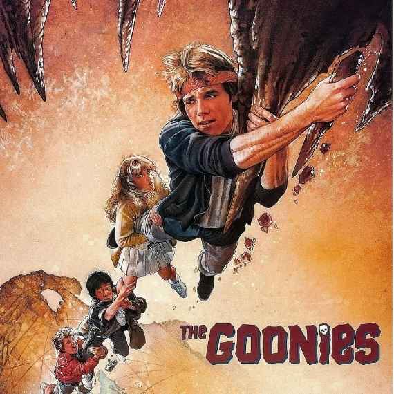 The Goonies movie poster featuring illustration of young people hanging onto each other as they dangle from a cliff