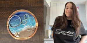 On left image of a tray decorated like waves on a beach with jewelry on it. On right image of a woman wearing a t-shirt that reads Erin and Mobile DIY Studio