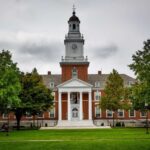 A red brick building with a clock tower and grass lawn in front of it