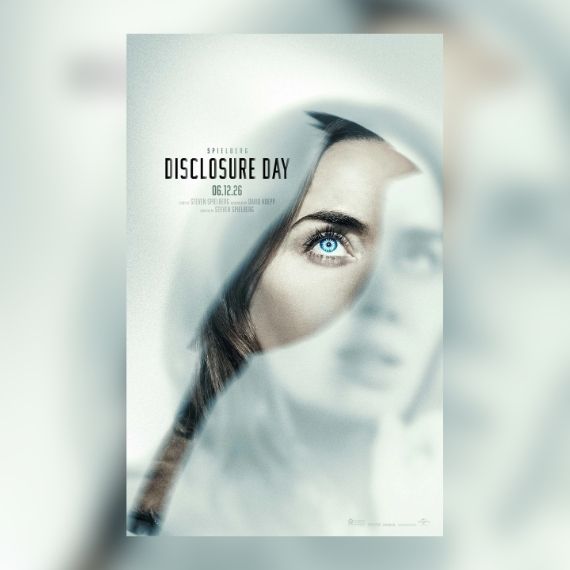 Disclosure Day movie poster featuring a shadow of a bird falling over the face of a woman.
