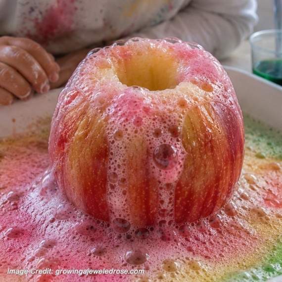 Apple with a hole in it spewing colourful soda